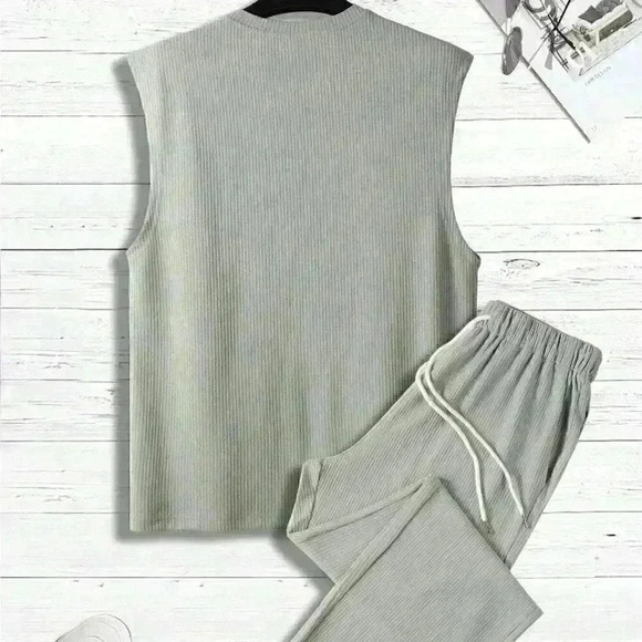 Light Grey Casual Mens Solid Tank Top & Drawstring Waist Pants - Picture 3 of 6